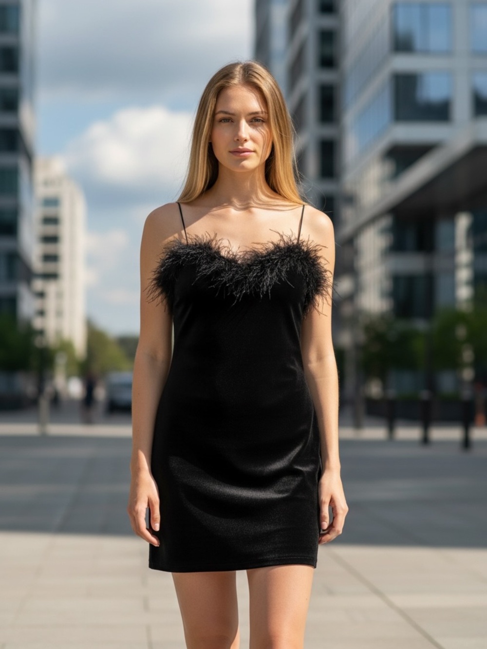 NWT All That Jazz Vintage Spaghetti Strap Feather Trim Velvet Mini Dress